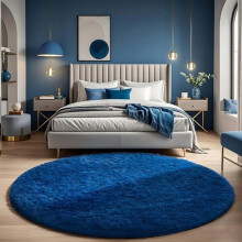 Runder blauer Teppich, 180 cm Durchmesser – Flauschiger, zotteliger Teppich für Jungenzimmer, Kinderzimmer und Babyzimmer, passend zu
