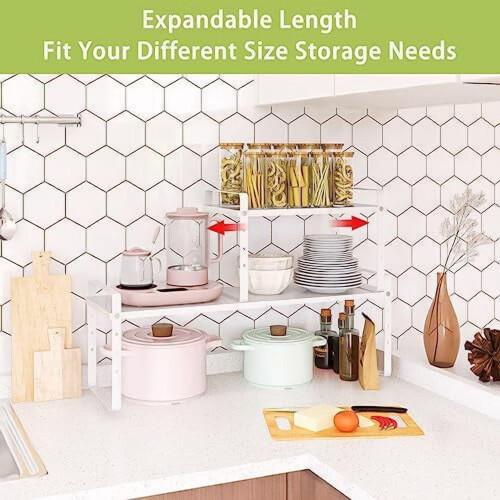 Expandable Cabinet Shelf Organizer Rack, Stackable Kitchen Counter Storage Shelves Stand, Adjustable Height Pantry Shelf Spice Rack (White, 2 Pack) 1