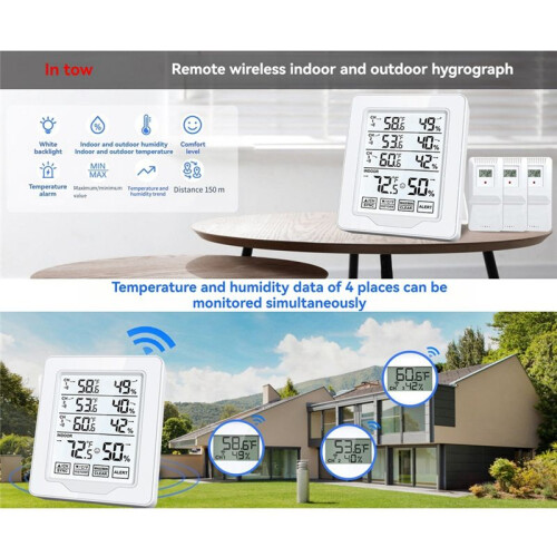 Digital Thermometer & Hygrometer Indoor Humidity with 3 Sensor Screen Display White Backlit Large Screen Recorder 2