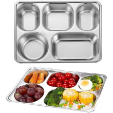 Plateau compartimenté en acier inoxydable (lot de 2), 5 compartiments, assiettes rectangulaires de 28 x 22 x 4,3 cm