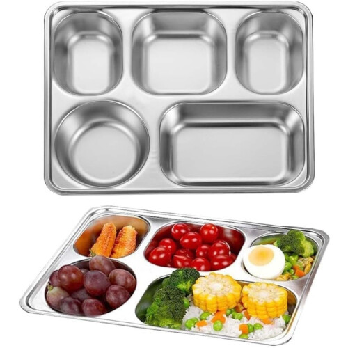 2Pack Stainless Steel Divided Plates Tray, 5Sections Rectangular Dinner Plates Control Plates, 11x8.7x1.7inch