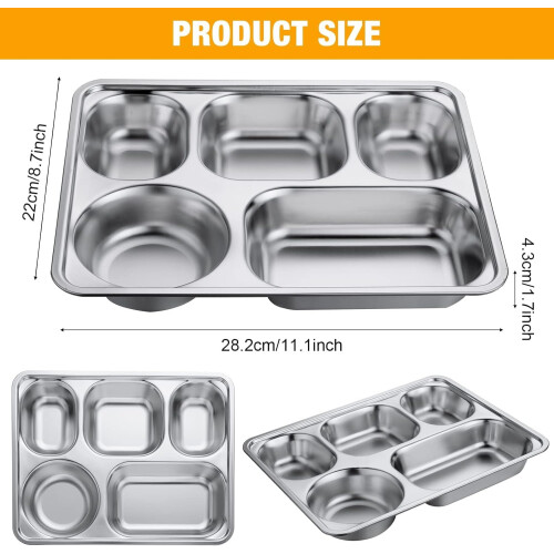 2Pack Stainless Steel Divided Plates Tray, 5Sections Rectangular Dinner Plates Control Plates, 11x8.7x1.7inch 1