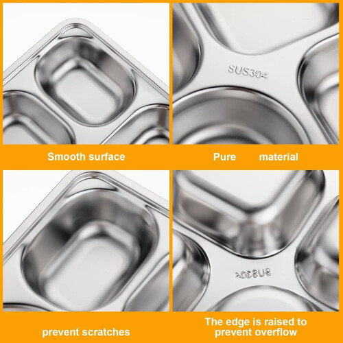 2Pack Stainless Steel Divided Plates Tray, 5Sections Rectangular Dinner Plates Control Plates, 11x8.7x1.7inch 2