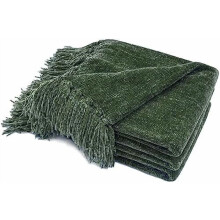 Throw Blanket Soft Cozy Chenille Throw Blanket with Fringe Tassel for Couch Sofa Chair Bed Living Room Gift (Dark Green, 50" x 60")