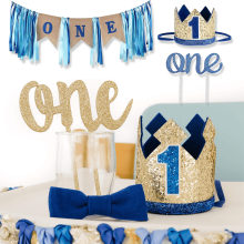 Kit de decoración para el primer cumpleaños: pancarta de arpillera azul, corona y pastel.
