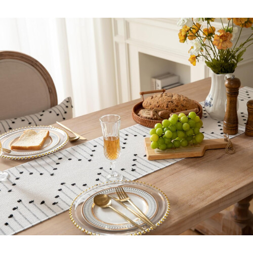 Τραπεζομάντιλο Boho 13x90 ιντσών από φυσικό βαμβάκι με φούντες, γκρι και μπεζ – για 2