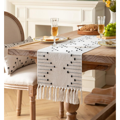 Τραπεζομάντιλο Boho 13x90 ιντσών από φυσικό βαμβάκι με φούντες, γκρι και μπεζ – για 1
