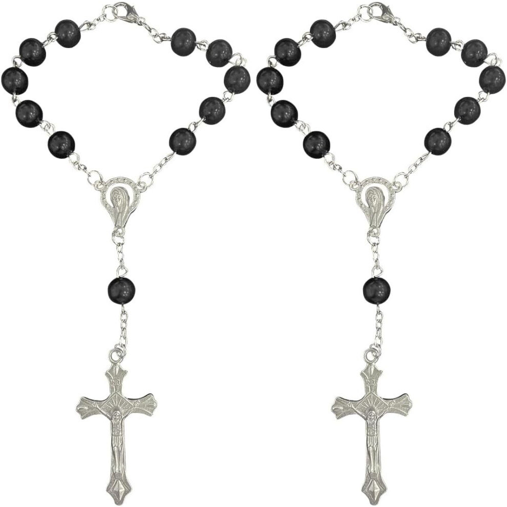 2Pcs Car Rosary For Rearview Mirror, Compatible With Auto Interiors, Cross Medal Hanging Charm For Women & Men Black 9555307271857