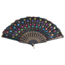 SODIAL(R) Colored Embroidered Flower Pattern Black Cloth Folding Hand Fan for Woman
