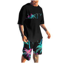 Herenshortssets, 2-delige outfits, ronde hals, print, sportief, slim fit, elastische tailleband, korte mouwen, ronde hals.