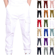 Sportieve cargobroek voor jongens en meisjes van 4-13 jaar, stretch, elastische taille, schoolbroek van twill, wit.