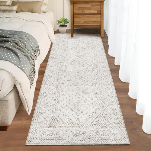 Washable geometric runner rug 2 ft x 6 ft ivory 2