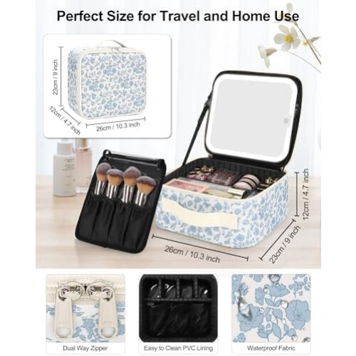 Τσάντα μακιγιάζ LED με καθρέφτη 3 χρωμάτων, floral print, χαριτωμένο οργανωτή