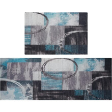 Retro Rustic Abstract Kitchen Rugs Set (2 pcs, 17"x48"+17"x24"), Teal/Turquoise & Grey, Low-Profile Runner & Mat