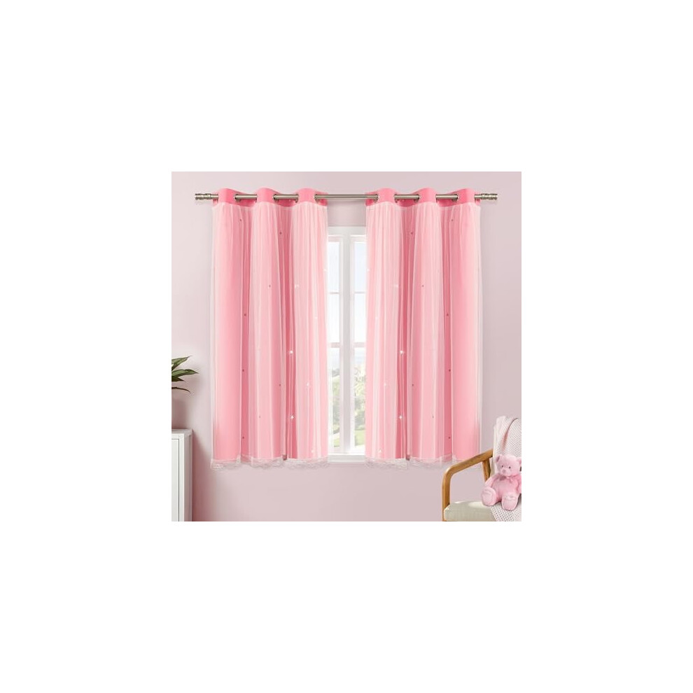 Blackout Curtains With Sheer Overlay, Star Design, Double Layer, Grommet Top, W34xl63, Compatible With Kids Room & Nursery Pink