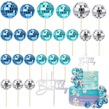 24 Pcs Shiny Disco Ball Cupcake Toppers – Retro 70s/80s Birthday Cake Decor, Compatible with Theme Parties (Blue/White/Dark Blue)