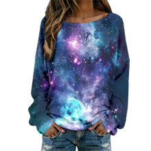 Camiseta de manga larga para mujer, estilo carnaval, blusa de vacaciones, estampado estrellado, punto acanalado, cuello redondo holgado, top casual