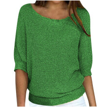 Suéter feminino plus size de manga 3/4, casual, liso, gola redonda, tricô leve, blusa de moletom verde, tamanhos P-5XG