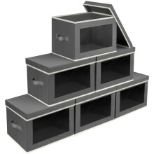 Stackable Storage Bins with Lids – Foldable Closet Boxes, Wardrobe Organizer with Window, 6-Pack Dark Grey