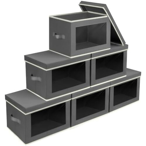 Stackable Storage Bins with Lids – Foldable Closet Boxes, Wardrobe Organizer with Window, 6-Pack Dark Grey