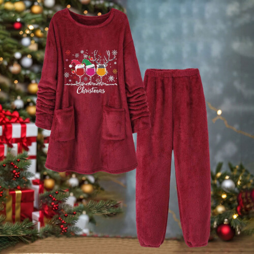 Damen-Weihnachtspyjama-Set aus Plüsch – Langarmoberteil &