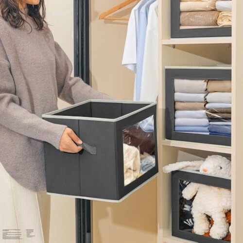 Stackable Storage Bins with Lids – Foldable Closet Boxes, Wardrobe Organizer with Window, 6-Pack Dark Grey 2