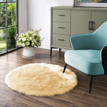 Yellow round faux sheepskin rug 3 ft