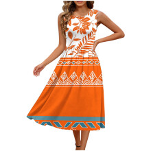 Sommarklänningar för kvinnor Böljande Casual Ärmlös Midiklänning Boho Strand Semester Blommig Solklänning med Fickor