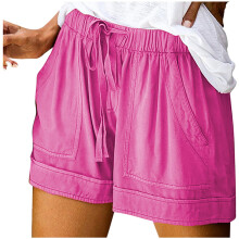 Bermuda feminina plus size vintage, cor sólida, estilo boho casual, shorts folgados com elástico e bolso.