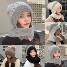 Jurk, dames wintermuts en gebreide sjaal set met pompon, zachte warme gebreide muts voor dames