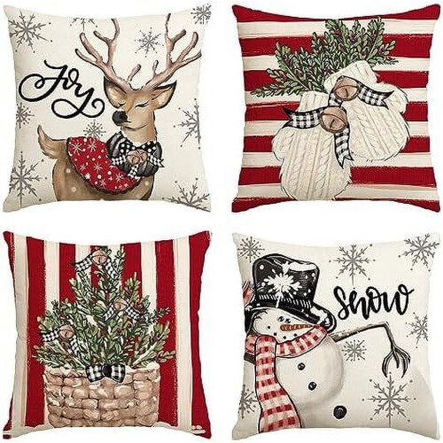 Conjunto de 4 capas de almofada com boneco de neve e rena natalinas, 40x40cm (16x16 polegadas).