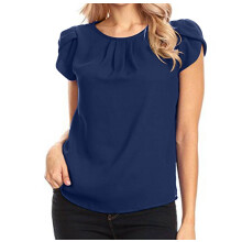 Blusa de gasa informal de manga corta con cuello redondo y pliegues, cuello redondo y espalda abierta para mujer.