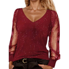 Top de lentejuelas de manga larga para mujer, estilo carnaval, ideal para vacaciones. Blusa de moda con cuello redondo holgado, elegante y casual,