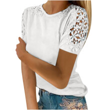 Sommartoppar för kvinnor Dam-T-shirts Plusstorlek Rund hals Kortärmad Tunika Toppar Enfärgade Spetssömmar Toppar Mode Enfärgade Passform Casual