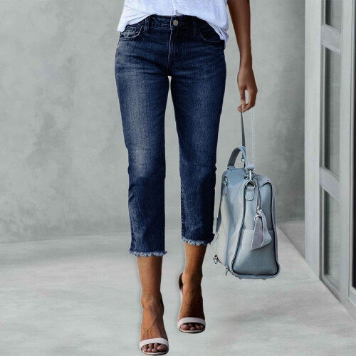 Γυναικείο παντελόνι Capri Jeans με ίσια γραμμή, ελαστικό τζιν, σκούρο μπλε 1