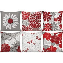 Housses de coussin marguerite rouge et grise 45 x 45 cm, coton et lin, lot de 6