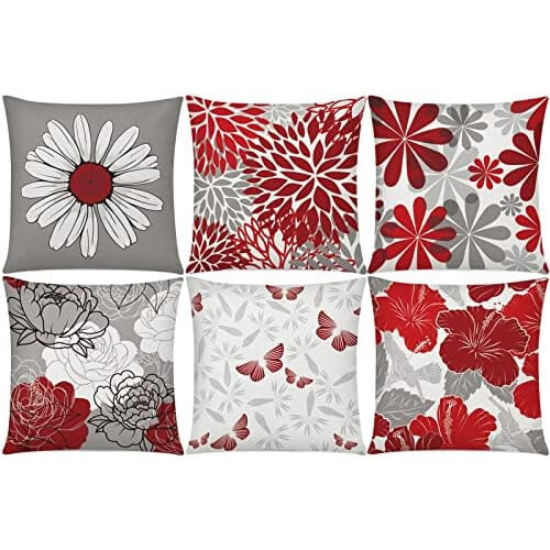 Conjunto de 6 capas de almofada em algodão e linho, nas cores vermelho e cinza com estampa de margaridas, 45x45cm (18x18 polegadas).