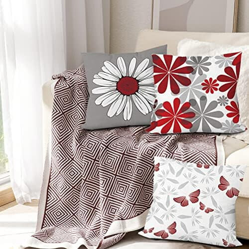 Conjunto de 6 capas de almofada em algodão e linho, nas cores vermelho e cinza com estampa de margaridas, 45x45cm (18x18 polegadas). 2