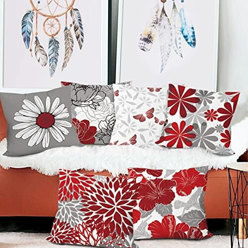 Conjunto de 6 capas de almofada em algodão e linho, nas cores vermelho e cinza com estampa de margaridas, 45x45cm (18x18 polegadas). 1