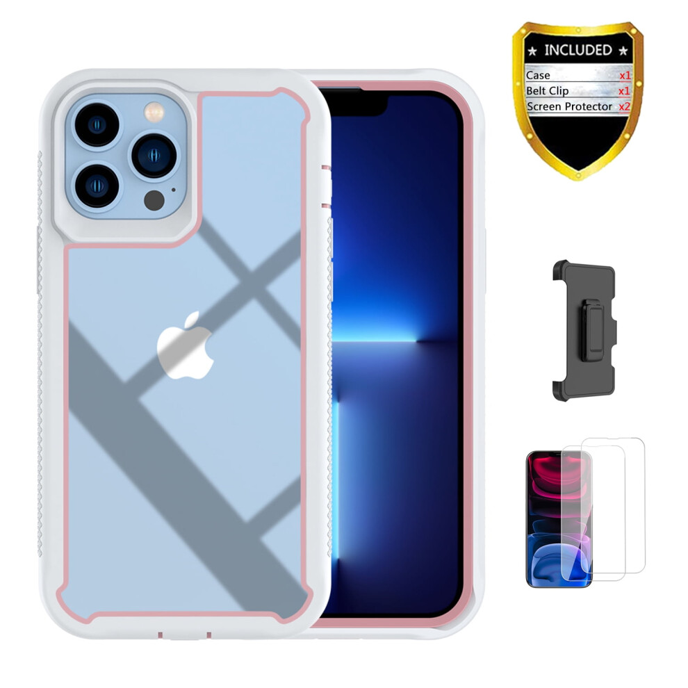 Xihaiying Iphone 13 Pro Case + Screen Protector + Belt Clip, Non-Yellowing Slim Pc Clear Cover (+Pink), 2-In-1 White/Pink 9422877776306