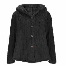 Giacca invernale da donna in morbido pile con cappuccio, chiusura con bottoni a pressione, tinta unita, fodera termica.
