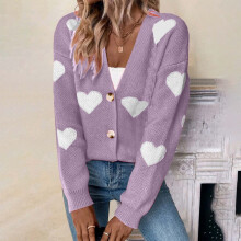 Hartvormig vest voor dames, Valentijnsdagtrui, vest met lange mouwen, V-hals en knoopsluiting, gebreid, paars