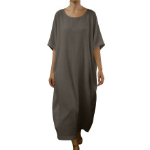 Robe longue à manches courtes et col rond pour femme – Polyester doux, fluide et confortable pour le printemps/été