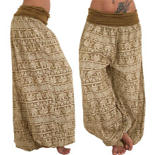 Calças Palazzo Femininas, Calças Hippie Ciganas Boho de Cintura Alta e Estilo Boho, Calças Femininas Soltas com Estampa na Barra e Faixa Lateral,