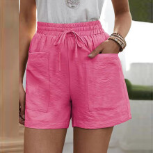 Pantaloncini sportivi da donna QLEICOM, taglie forti, gamba larga, vita alta, in cotone e lino, ideali per yoga, corsa, spiaggia e ciclismo, rosa
