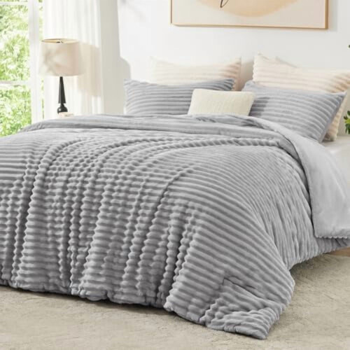 Σετ παπλώματος Fluffy Full Size – Υπερ-μαλακή ριγέ ζακάρ από τεχνητή γούνα, 3 τεμάχια 1
