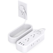 15ft Extension Cord with 6 AC Outlets, 3 USB (2 USB-C), 1080J Surge Protection – Flat Plug Desktop Charging Station for Home, Dorm