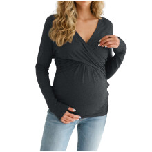 Maternity Nursing Shirts for Women Long Sleeve V Neck Tops Spring Casual Pregnancy Breastfeeding Clothes Grey XL