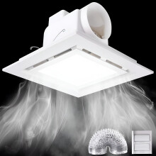 HIBIBUD Bathroom Exhaust Fan with Light, 144 CFM, 1.0 Sones, Double Switch, Ultra Quiet, Square White, LED 15W/Fan 35W, 110V