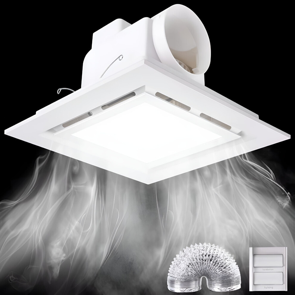 Hibibud Bathroom Exhaust Fan With Light, 144 Cfm, 1.0 Sones, Double Switch, Ultra Quiet, Square White, Led 15W/Fan 35W, 110V 9399596494623
